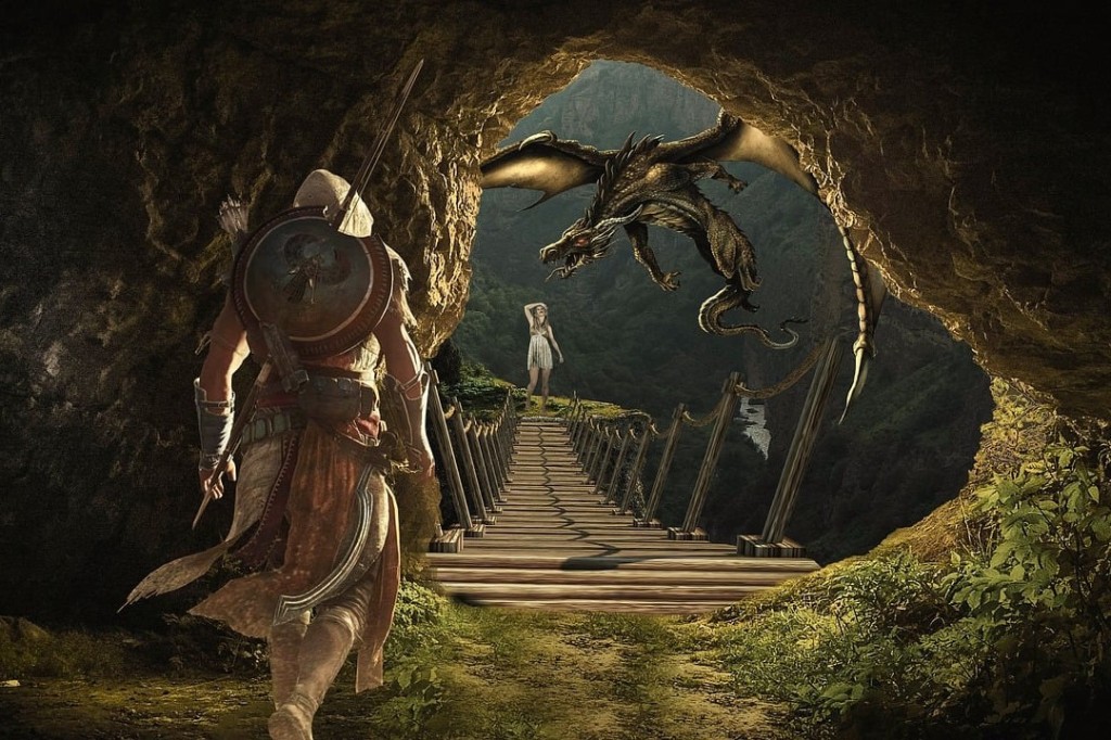 Wilderness: A hero strides through a cave towards a dragon attacking a woman on a bridge