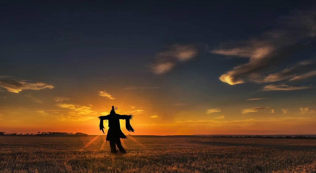 A silhouette of a scarecrow in a flat field backed by dramatic sun rays