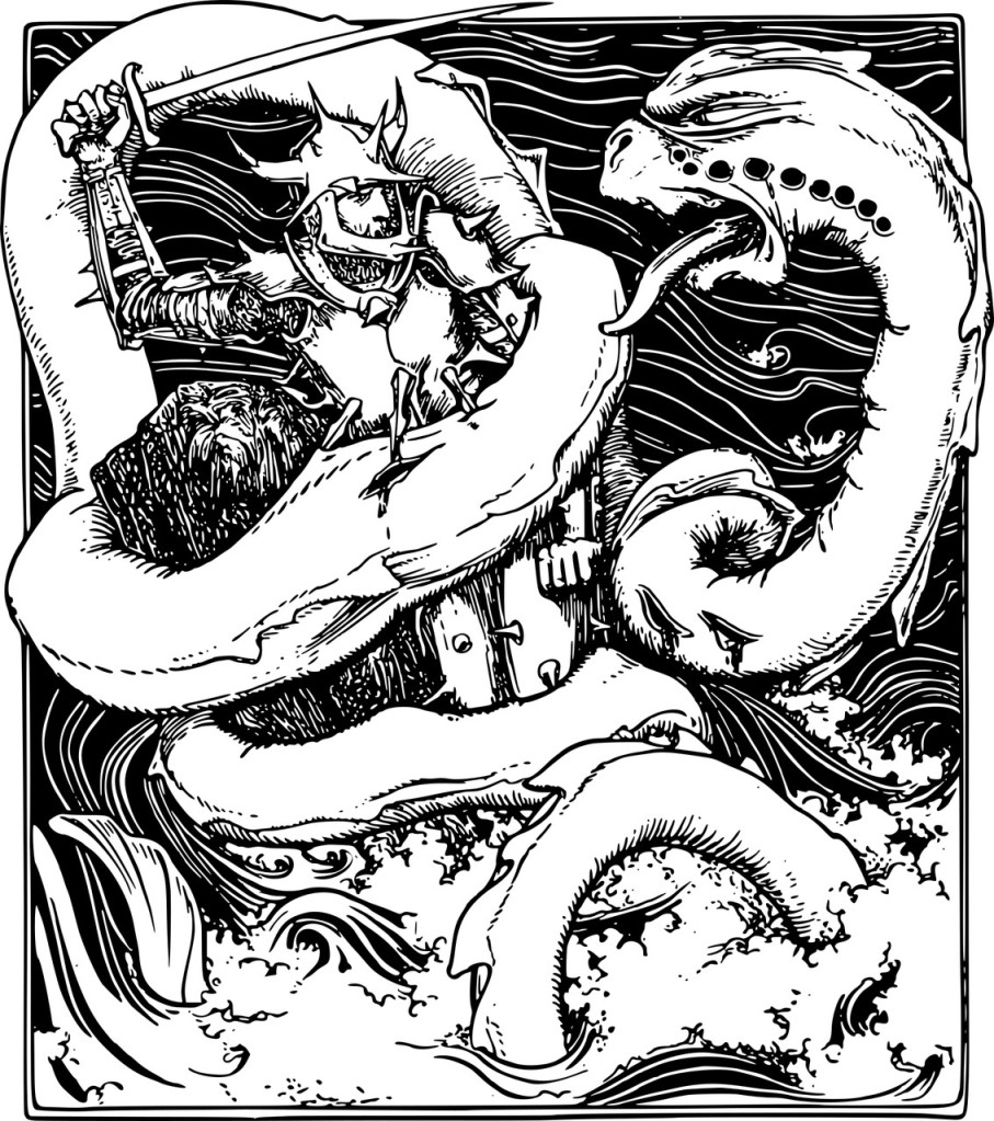Vintage pen drawing of a knight fighting a serpent